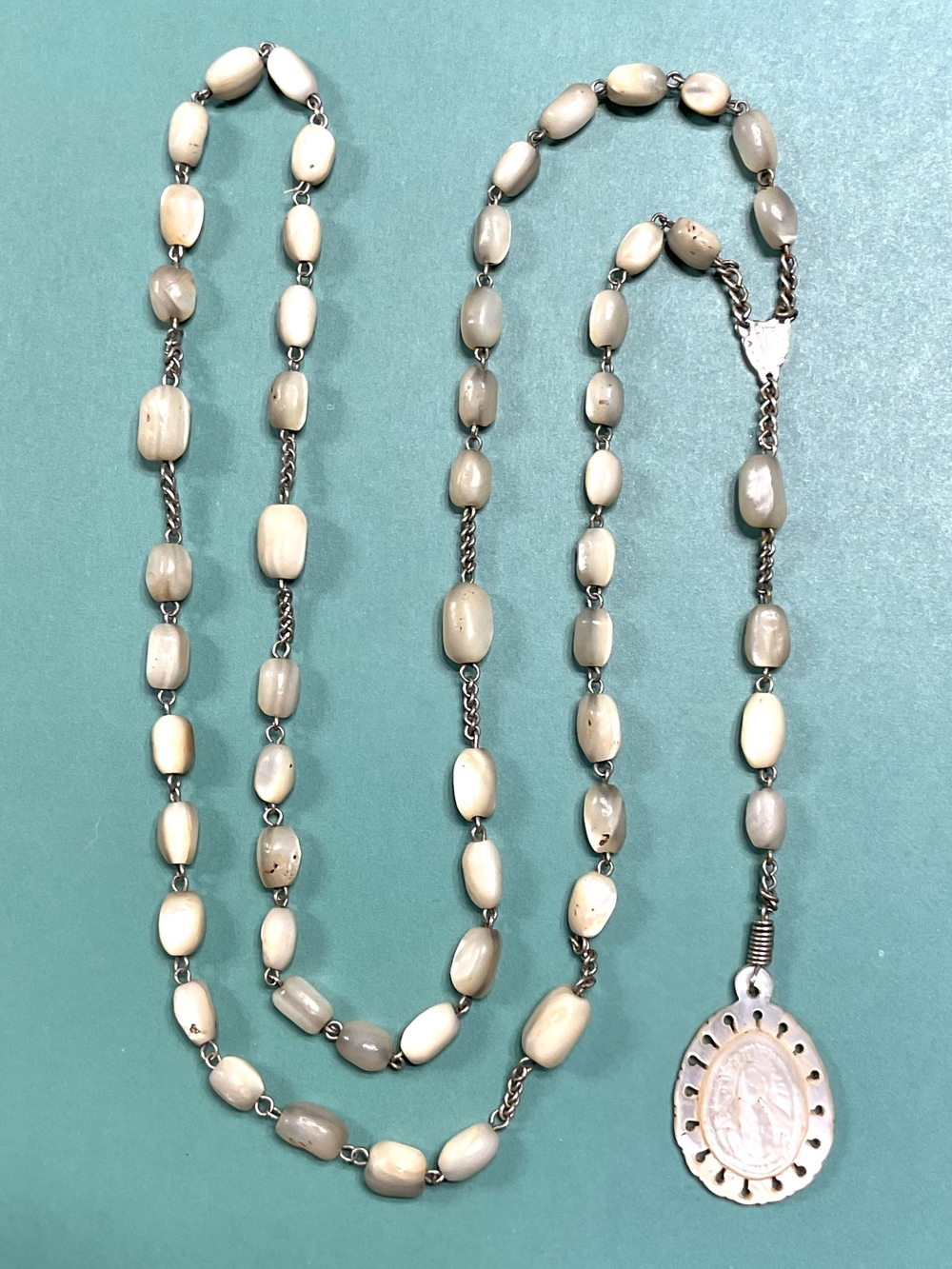 Large Antique Mother of Pearl Rosary France Hand Carved Mary Madonna on Pendant